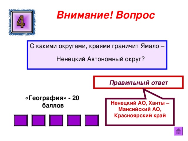 Ненецкий АО, Ханты – Мансийский АО, Красноярский край Внимание ! Вопрос С какими округами, краями граничит Ямало – Ненецкий Автономный округ? Правильный ответ «География» - 20  баллов  