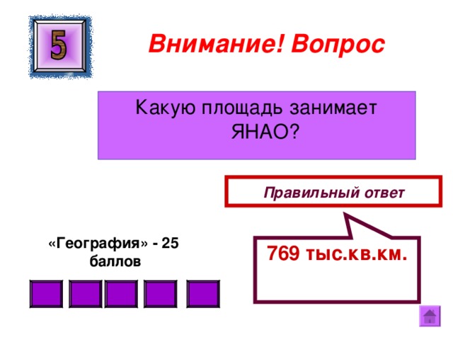 769 тыс.кв.км.  Внимание ! Вопрос Какую площадь занимает ЯНАО? Правильный ответ «География» - 25  баллов  
