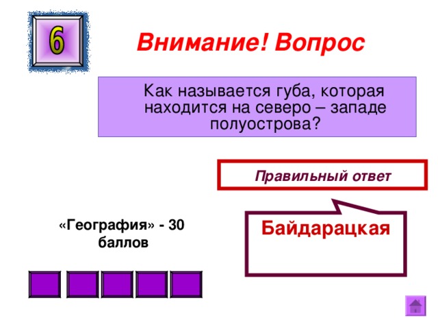 Байдарацкая  Внимание ! Вопрос  Как называется губа, которая находится на северо – западе полуострова? Правильный ответ «География» - 30  баллов  