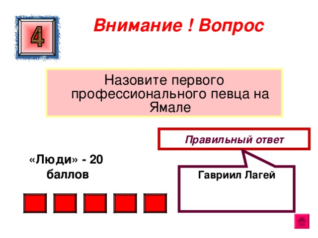 Гавриил Лагей Внимание ! Вопрос Назовите первого профессионального певца на Ямале Правильный ответ «Люди» - 20  баллов  
