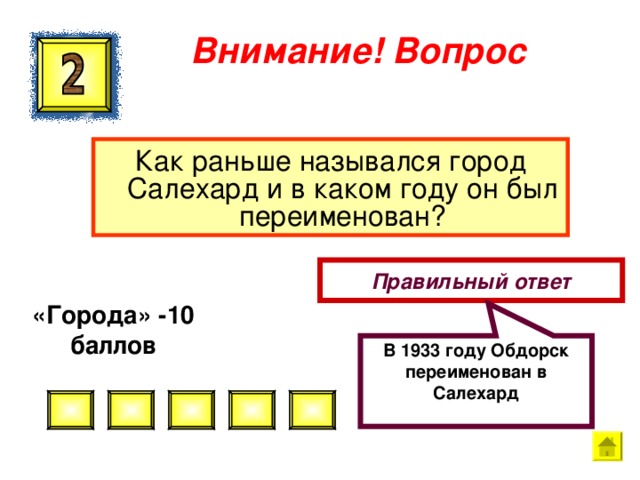 В 1933 году Обдорск переименован в Салехард Внимание ! Вопрос Как раньше назывался город Салехард и в каком году он был переименован? Правильный ответ «Города» -10 баллов  