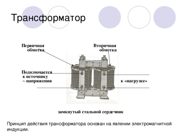 Трансформатор Первичная Вторичная  обмотка обмотка     Подключается  к источнику  ~ напряжения к «нагрузке»        замкнутый стальной сердечник Принцип действия трансформатора основан на явлении электромагнитной индукции.