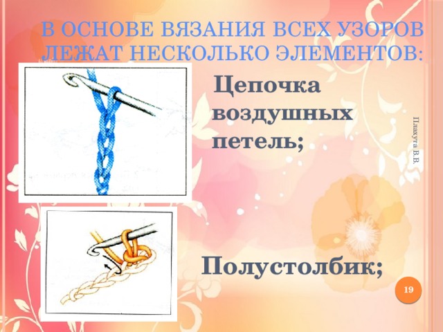 Плахута В.В. В основе вязания всех узоров лежат несколько элементов:  Цепочка воздушных петель; Полустолбик; 12 