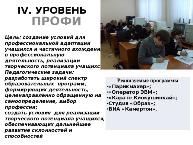 IV. УРОВЕНЬ ПРОФИ Цель: создание условий для профессиональной адаптации учащихся и частичного вхождения в профессиональную деятельность, реализации творческого потенциала учащихся. Педагогические задачи: разработать широкий спектр образовательных программ, формирующих деятельность, целенаправленно обращенную на самоопределение, выбор профессии; создать условия для реализации творческого потенциала учащихся, обеспечивающих дальнейшее развитие склонностей и способностей Реализуемые программы