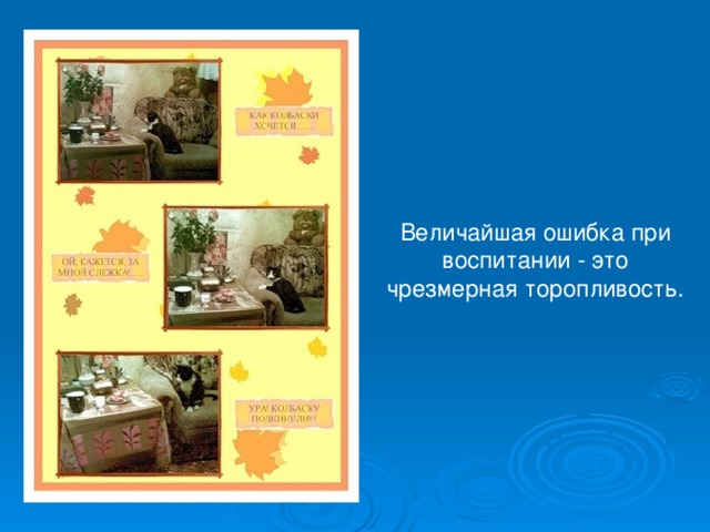 Величайшая ошибка при воспитании - это чрезмерная торопливость. 