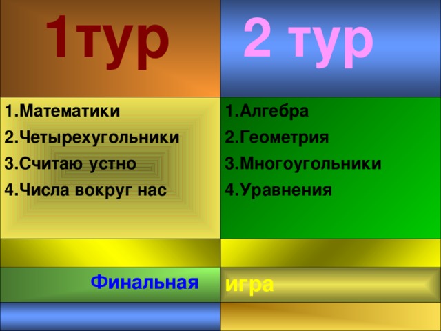  1тур 1.Математики 2.Четырехугольники 3.Считаю устно 4.Числа вокруг нас 1.Алгебра 2.Геометрия 3.Многоугольники 4.Уравнения   Финальная игра 2 тур 