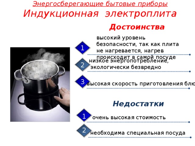 Энергосберегающие бытовые приборы Индукционная электроплита Достоинства высокий уровень безопасности, так как плита не нагревается, нагрев происходит в самой посуде 1 низкое энергопотребление,  экологически безвредно 2 3 высокая скорость приготовления блюд Недостатки 1 очень высокая стоимость 2 необходима специальная посуда 