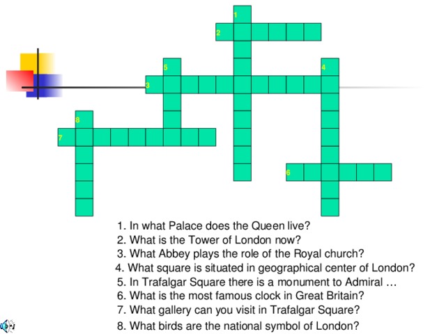 1 2 5 4 3 8 7 6 1. In what Palace does the Queen live? 2. What is the Tower of London now? 3. What Abbey plays the role of the Royal church? 4. What square is situated in geographical center of London? 5. In Trafalgar Square there is a monument to Admiral … 6. What is the most famous clock in Great Britain? 7. What gallery can you visit in Trafalgar Square? 8. What birds are the national symbol of London? 