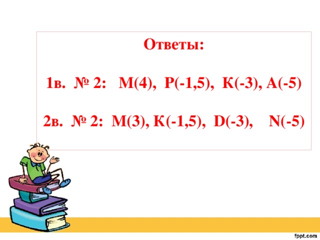 Ответы:  1в. № 2: М(4), Р(-1,5), К(-3), А(-5)  2в. № 2: М(3), К(-1,5), D(-3), N(-5)