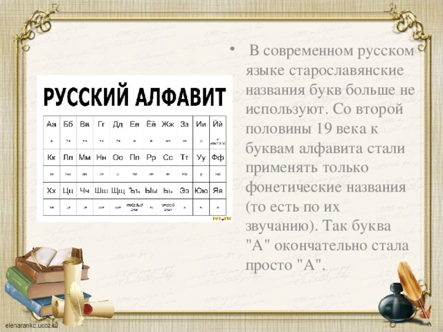  В современном русском языке старославянские названия букв больше не используют. Со второй половины 19 века к буквам алфавита стали применять только фонетические названия (то есть по их звучанию). Так буква 