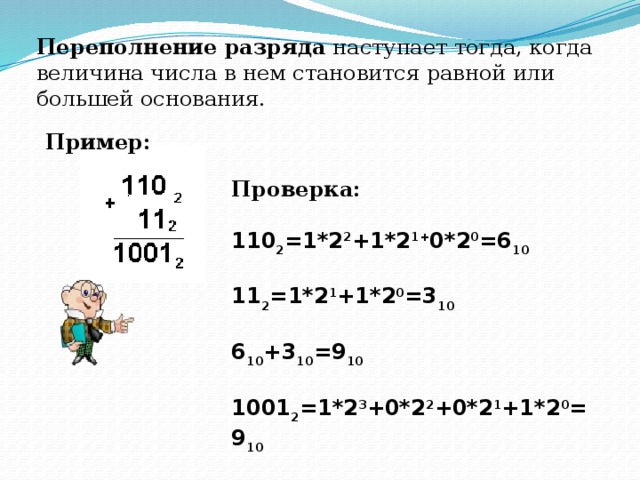 Переполнение разряда наступает тогда, когда величина числа в нем становится равной или большей основания. Пример: Проверка:  110 2 =1*2 2 +1*2 1+ 0*2 0 =6 10 11 2 =1*2 1 +1*2 0 =3 10 6 10 +3 10 =9 10 1001 2 =1*2 3 +0*2 2 +0*2 1 +1*2 0 =9 10