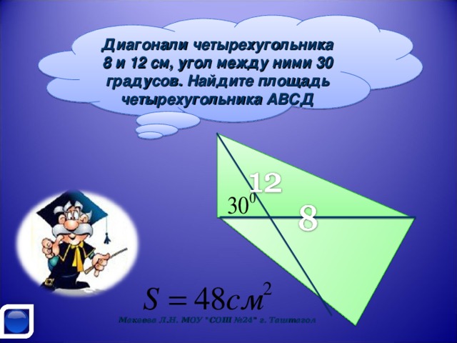 Диагонали четырехугольника 8 и 12 см, угол между ними 30 градусов. Найдите площадь четырехугольника АВСД Макеева Л.Н. МОУ 