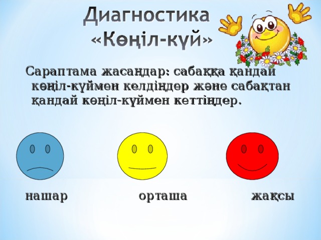 Сараптама жасаңдар: сабаққа қандай көңіл-күймен келдіңдер және сабақтан қандай көңіл-күймен кеттіңдер. нашар орташа жа қсы 