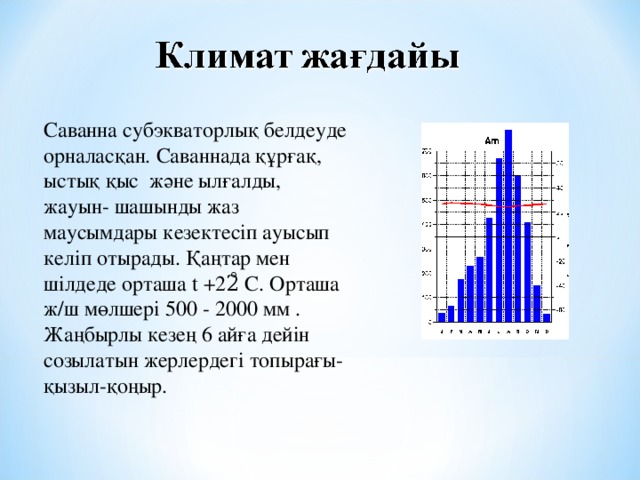 Саванна субэкваторлық белдеуде орналасқан. Саваннада құрғақ, ыстық қыс және ылғалды, жауын- шашынды жаз маусымдары кезектесіп ауысып келіп отырады. Қаңтар мен шілдеде орташа t +22̊  С. Орташа ж/ш мөлшері 500 - 2000 мм . Жа ңбырлы кезең 6 айға дейін созылатын жерлердегі топырағы- қызыл-қоңыр. 