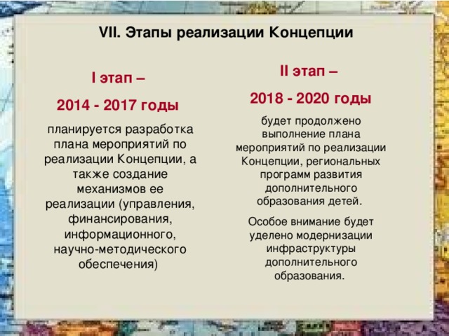 VII. Этапы реализации Концепции II этап – 2018 - 2020 годы будет продолжено выполнение плана мероприятий по реализации Концепции, региональных программ развития дополнительного образования детей. Особое внимание будет уделено модернизации инфраструктуры дополнительного образования. I этап – 2014 - 2017 годы  планируется разработка плана мероприятий по реализации Концепции, а также создание механизмов ее реализации (управления, финансирования, информационного, научно-методического обеспечения) 