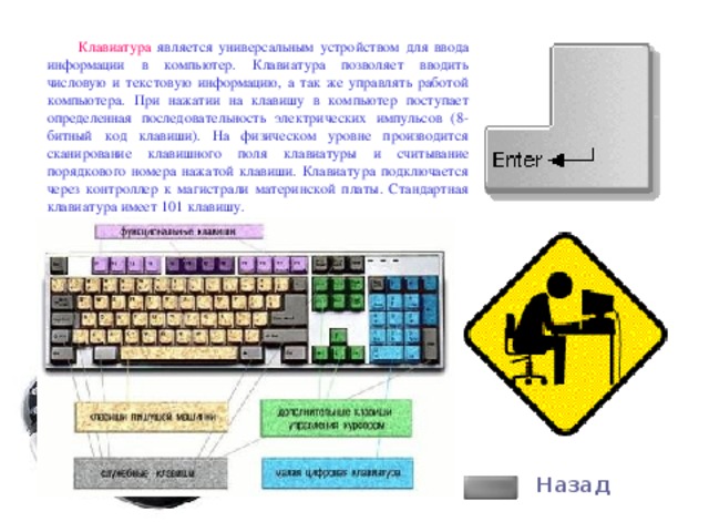 Клавиатура является универсальным устройством для ввода информации в компьютер. Клавиатура позволяет вводить числовую и текстовую информацию, а так же управлять работой компьютера. При нажатии на клавишу в компьютер поступает определенная последовательность электрических импульсов (8-битный код клавиши). На физическом уровне производится сканирование клавишного поля клавиатуры и считывание порядкового номера нажатой клавиши. Клавиатура подключается через контроллер к магистрали материнской платы. Стандартная клавиатура имеет 101 клавишу. Назад  