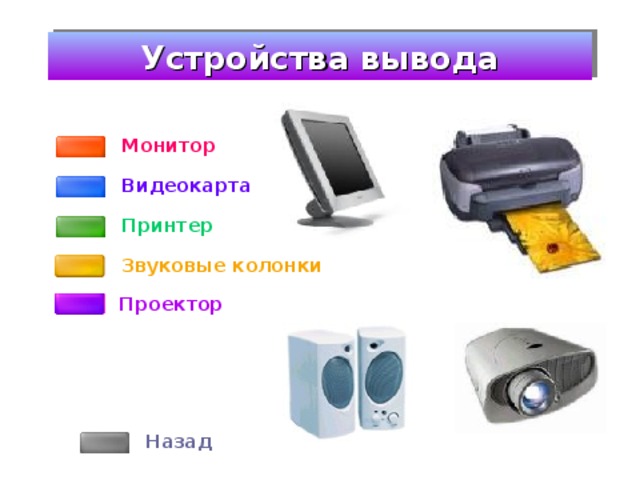 Устройства вывода Монитор Видеокарта Принтер Звуковые колонки Проектор Назад 
