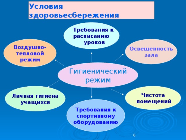 Условия здоровьесбережения  Требования к расписанию  уроков   Воздушно- тепловой режим Освещенность зала Гигиенический режим   Чистота  помещений Личная гигиена учащихся  Требования к спортивному оборудованию 6 