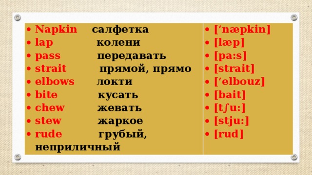 Napkin салфетка lap   колени pass передавать strait прямой, прямо elbows локти bite кусать chew жевать stew жаркое rude грубый, неприличный [‘næpkin] [læp] [pa:s]   [strait]  [‘elbouz] [bait] [t∫u:] [stju:]  [rud]  