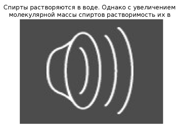 Спирты растворяются в воде. Однако с увеличением молекулярной массы спиртов растворимость их в воде ухудшается. 