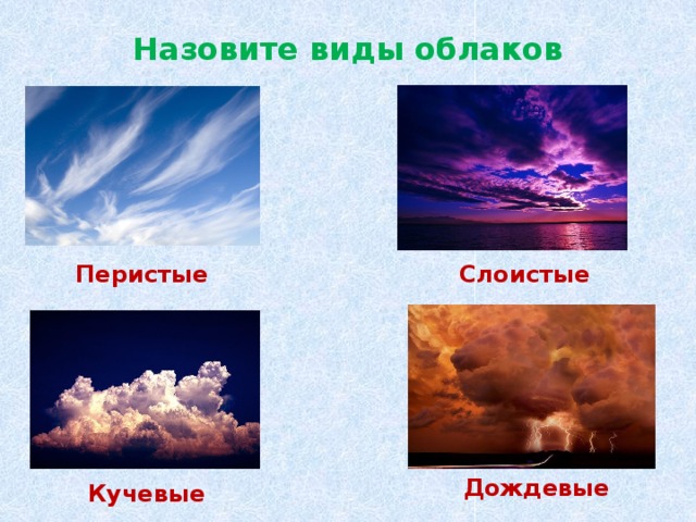 Определите какие облака перистые слоистые кучевые изображены на рисунке