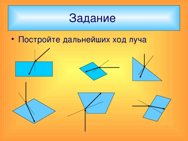 Задание  Постройте дальнейших ход луча 