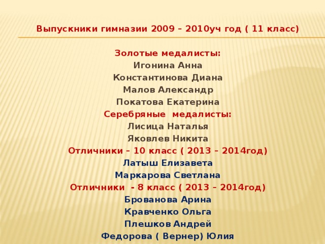  Выпускники гимназии 2009 – 2010уч год ( 11 класс)  Золотые медалисты: Игонина Анна Константинова Диана Малов Александр Покатова Екатерина Серебряные медалисты: Лисица Наталья Яковлев Никита Отличники – 10 класс ( 2013 – 2014год) Латыш Елизавета Маркарова Светлана Отличники - 8 класс ( 2013 – 2014год) Брованова Арина Кравченко Ольга Плешков Андрей Федорова ( Вернер) Юлия 