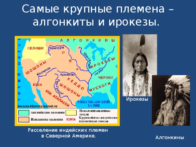Самые крупные племена – алгонкиты и ирокезы.   Ирокезы Расселение индейских племен в Северной Америке.  Алгонкины 