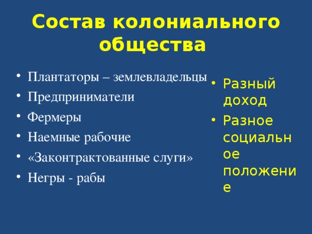 Состав колониального общества Плантаторы – землевладельцы Предприниматели Фермеры Наемные рабочие «Законтрактованные слуги» Негры - рабы Разный доход Разное социальное положение 