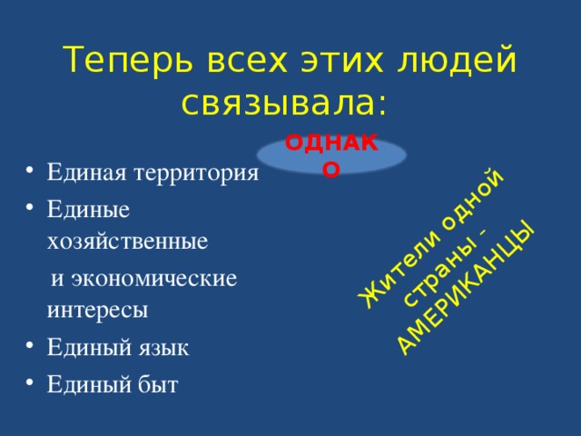  Жители одной страны - АМЕРИКАНЦЫ Теперь всех этих людей связывала: Единая территория Единые хозяйственные  и экономические интересы Единый язык Единый быт ОДНАКО 