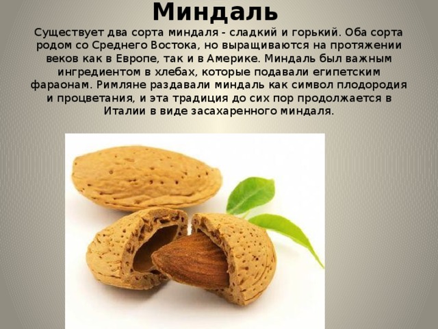 Миндаль    Существует два сорта миндаля - сладкий и горький. Оба сорта родом со Среднего Востока, но выращиваются на протяжении веков как в Европе, так и в Америке. Миндаль был важным ингредиентом в хлебах, которые подавали египетским фараонам. Римляне раздавали миндаль как символ плодородия и процветания, и эта традиция до сих пор продолжается в Италии в виде засахаренного миндаля. 