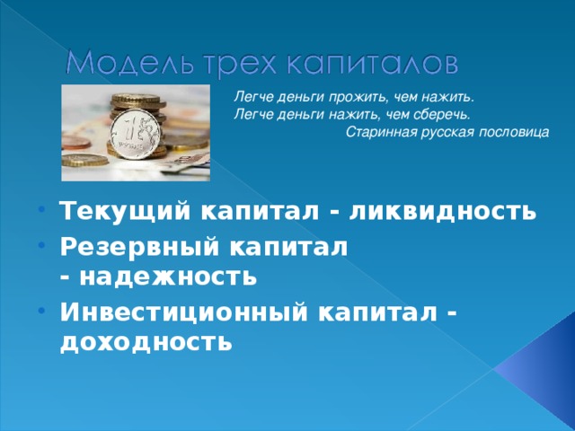 Легче деньги прожить, чем нажить. Легче деньги нажить, чем сберечь. Старинная русская пословица Текущий капитал - ликвидность Резервный капитал - надежность Инвестиционный капитал - доходность   