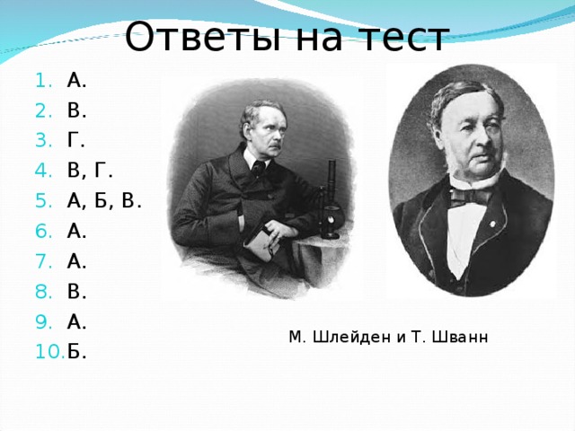 Ответы на тест А. В. Г. В, Г. А, Б, В. А. А. В. А. Б.  М. Шлейден и Т. Шванн 
