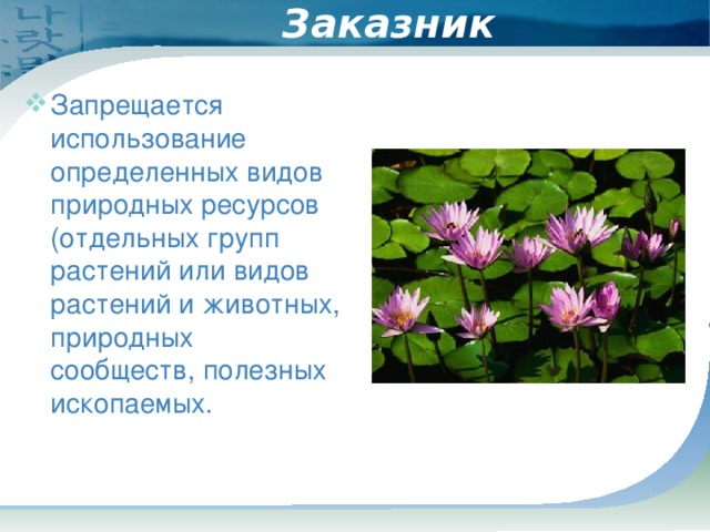 Заказник  Запрещается использование определенных видов природных ресурсов (отдельных групп растений или видов растений и животных, природных сообществ, полезных ископаемых. 