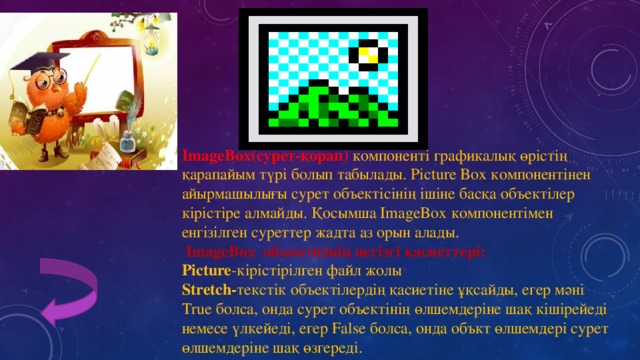 ImageBox(сурет-қорап)  компоненті графикалық өрістің қарапайым түрі болып табылады. Picture Box компонентінен айырмашылығы сурет объектісінің ішіне басқа объектілер кірістіре алмайды. Қосымша ImageBox компонентімен енгізілген суреттер жадта аз орын алады.  ImageBox объектісінің негізгі қасиеттері: Picture -кірістірілген файл жолы Stretch- текстік объектілердің қасиетіне ұқсайды, егер мәні True болса, онда сурет объектінің өлшемдеріне шақ кішірейеді немесе үлкейеді, егер False болса, онда объкт өлшемдері сурет өлшемдеріне шақ өзгереді. 