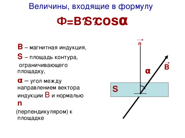  Величины, входящие в формулу   Ф=В · S · cosα     n   В – магнитная индукция,  S  – площадь контура,  ограничивающего площадку,  α  – угол между  направлением вектора индукции В и нормалью n  (перпендикуляром) к площадке    В  α S 