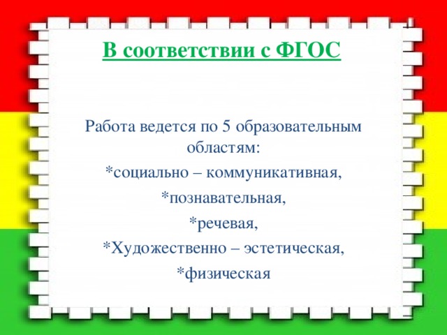 В соответствии с ФГОС Работа ведется по 5 образовательным областям: *социально – коммуникативная, *познавательная, *речевая, *Художественно – эстетическая, *физическая 