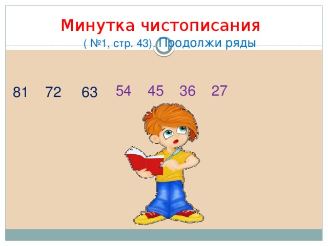   Минутка чистописания  ( №1, стр. 43). Продолжи ряды 54 45 36 27 81 72 63 