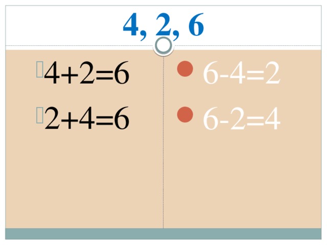 4, 2, 6 4+2=6 2+4=6 4+2=6 2+4=6 4+2=6 2+4=6 6-4=2 6-2=4 