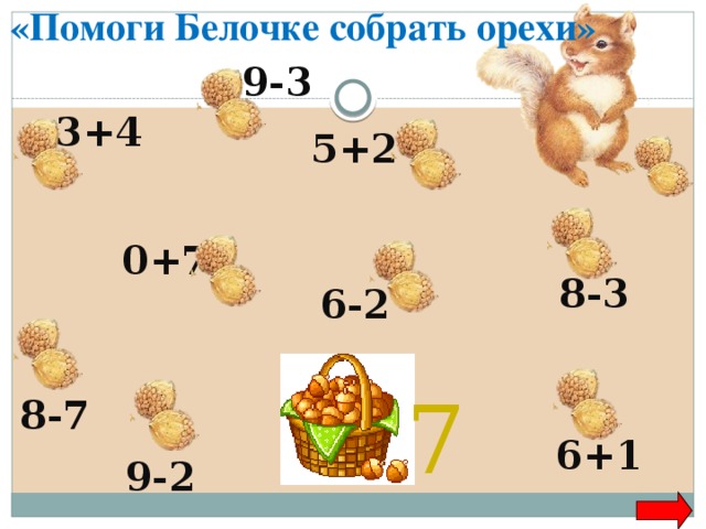 «Помоги Белочке собрать орехи» 9-3 3+4 5+2 0+7 8-3 6-2 7 8-7 6+1 9-2 