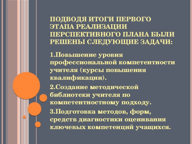 Подводя итоги первого этапа реализации перспективного плана были решены следующие задачи:   1.Повышение уровня профессиональной компетентности учителя (курсы повышения квалификации). 2.Создание методической библиотеки учителя по компетентностному подходу. 3.Подготовка методов, форм, средств диагностики оценивания ключевых компетенций учащихся.  
