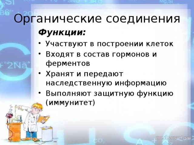 Органические соединения Функции: Участвуют в построении клеток Входят в состав гормонов и ферментов Хранят и передают наследственную информацию Выполняют защитную функцию (иммунитет) 