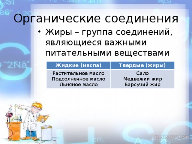 Органические соединения Жиры – группа соединений, являющиеся важными питательными веществами Жидкие (масла) Растительное масло Твердые (жиры) Подсолнечное масло Сало Льняное масло Медвежий жир Барсучий жир 