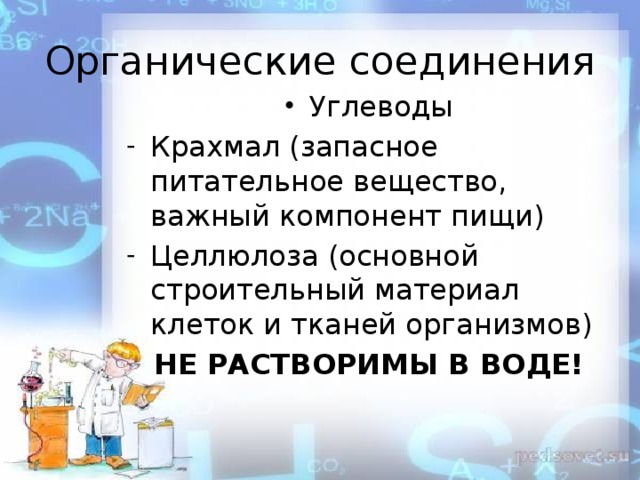 Органические соединения Углеводы Крахмал (запасное питательное вещество, важный компонент пищи) Целлюлоза (основной строительный материал клеток и тканей организмов) НЕ РАСТВОРИМЫ В ВОДЕ! 