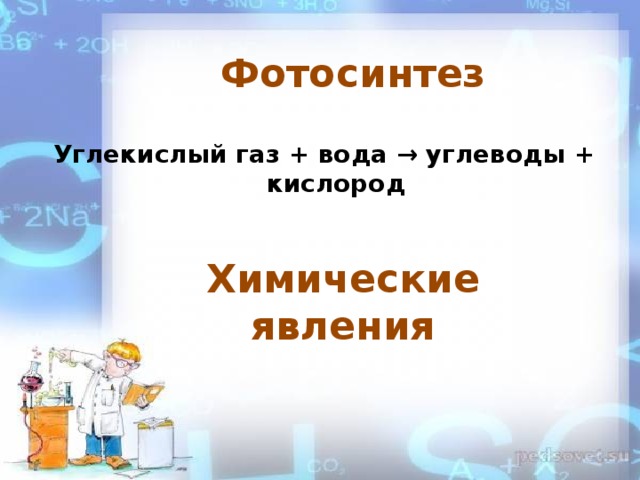 Фотосинтез Углекислый газ + вода → углеводы + кислород Химические явления 