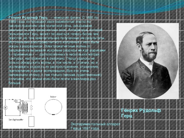 Ге́нрих Ру́дольф Герц   — немецкий физик, С 1885 по 1889 годы он проводил свои знаменитые опыты по распространению электрической силы, доказавшие реальность электромагнитных волн. Аппаратура, которой пользовался Герц, может показаться теперь более чем простой, но тем замечательнее полученные им результаты. Источниками электромагнитного излучения у него были искры в разрядниках. Электромагнитные волны от разрядников вызывали искровые разряды между шариками в «приемниках» — расположенных в нескольких метрах контурах, настроенных в резонанс. Герцу удалось не только обнаружить волны, в том числе, и стоячие, но и исследовать скорость их распространения, отражение, преломление и даже поляризацию. Все это очень напоминало оптику, с тем только (весьма существенным!) отличием, что длины волн были почти в миллиард раз больше. Ге́нрих Ру́дольф Герц Экспериментальный аппарат Герца 1887 года. 