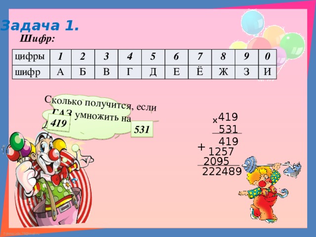 Сколько получится, если  ГАЗ умножить на ДВА ? 419 Задача 1. Шифр: цифры 1 шифр А 2 Б 3 4 В 5 Г Д 6 Е 7 Ё 8 Ж 9 З 0 И 419 х 531 531 419 + 1257 2095 222489