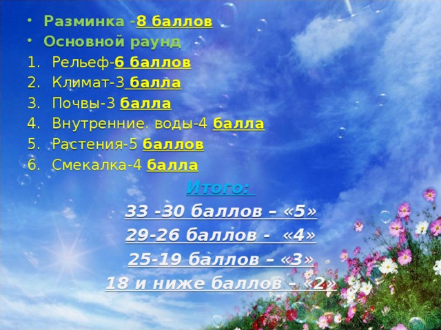 Разминка - 8 баллов Основной раунд Рельеф- 6 баллов Климат-3 балла Почвы-3 балла Внутренние. воды-4 балла Растения-5 баллов Смекалка-4 балла Итого: 33 -30 баллов – «5» 29-26 баллов - «4» 25-19 баллов – «3» 18 и ниже баллов – «2»  