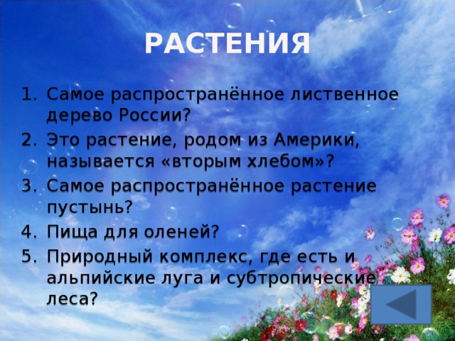 РАСТЕНИЯ Самое распространённое лиственное дерево России? Это растение, родом из Америки, называется «вторым хлебом»? Самое распространённое растение пустынь? Пища для оленей? Природный комплекс, где есть и альпийские луга и субтропические леса? 