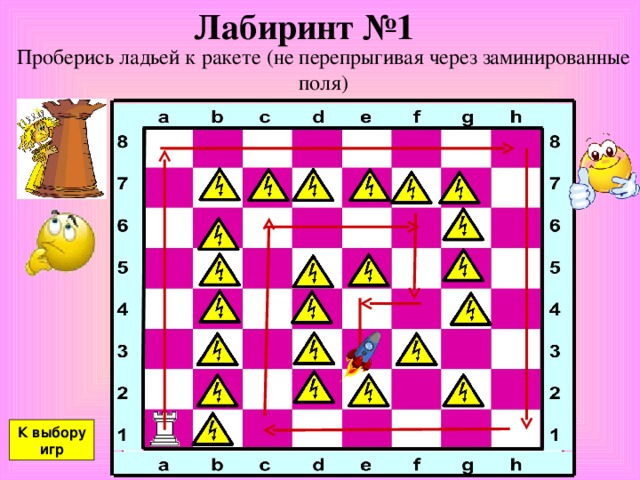 Лабиринт №1 Проберись ладьей к ракете (не перепрыгивая через заминированные поля) К выбору игр 